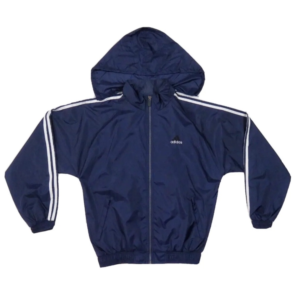 Vintage 90s Adidas 3 Stripes Spell Out Blue Hooded Full Zip Windbreaker Jacket S